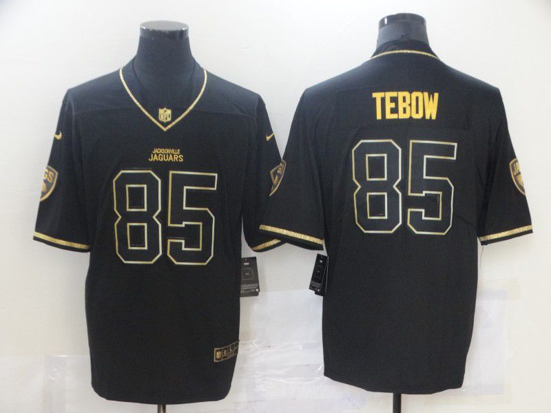 Men Jacksonville Jaguars 85 Tebow Black Retro Gold Lettering 2021 Nike NFL Jersey